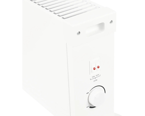 Elektrický konvektor s termostatem a přepínači pro výkon 750 wattů a 1250 wattů pro flexibilní vytápění místností.