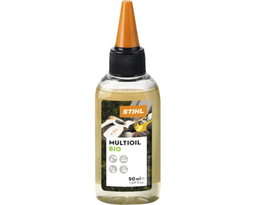 Univerzální olej Stihl Multioil Bio, 50 mililitrová lahvička s dávkovací špičkou pro mazání a údržbu motorových pil a zahradního nářadí.