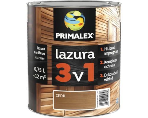 Lazura na drevo Primalex 3 v 1 v odstinu cedr, baleni o objemu 0,75 litru pro venkovni pouziti.