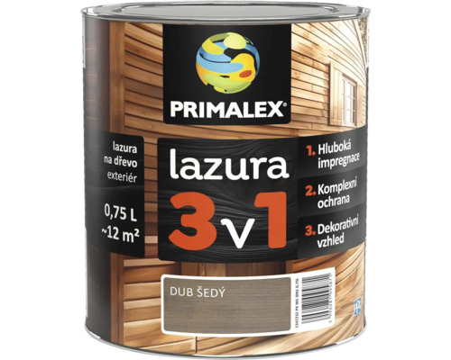 Primalex lazura na dřevo 3 v 1 v odstínu dub šedý, 0,75 litru pro venkovní použití
