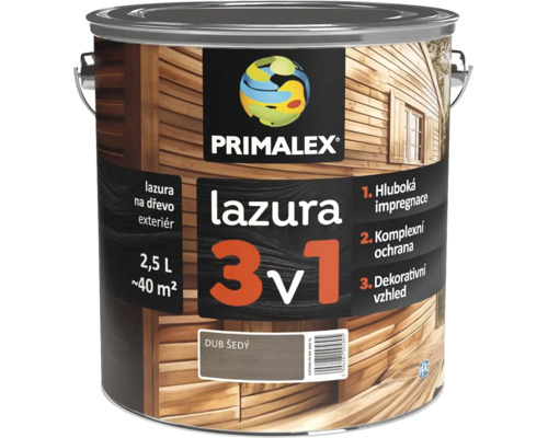 Lazura na dřevo Primalex 3 v 1 v odstínu dub šedý, 2,5 litrové balení pro venkovní použití s hloubkovou impregnací a ochranou.