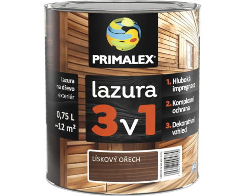 Primalex lazura na dřevo 3 v 1 lískový ořech 0,75 litru pro venkovní použití