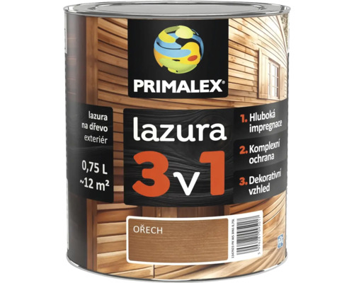 Lazura na dřevo Primalex 3 v 1 v odstínu ořech, 0,75 litru pro venkovní použití