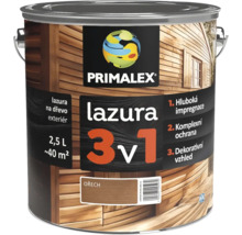 Plechovka Primalex lazura 3 v 1 na dřevo do exteriéru, 2,5 litru, odstín Ořech, pro ochranu dřeva.