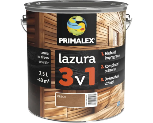 Plechovka Primalex lazura 3 v 1 na dřevo do exteriéru, 2,5 litru, odstín Ořech, pro ochranu dřeva.