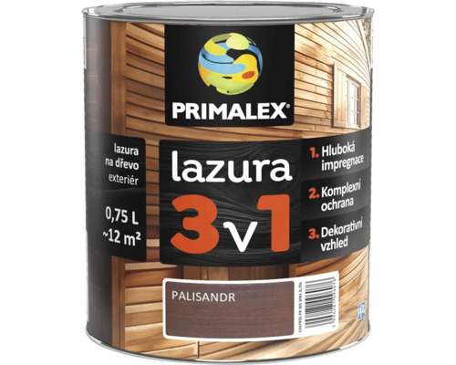 Plechovka Primalex lazura 3 v 1 na drevo palisandr 0,75 litru pro venkovni pouziti