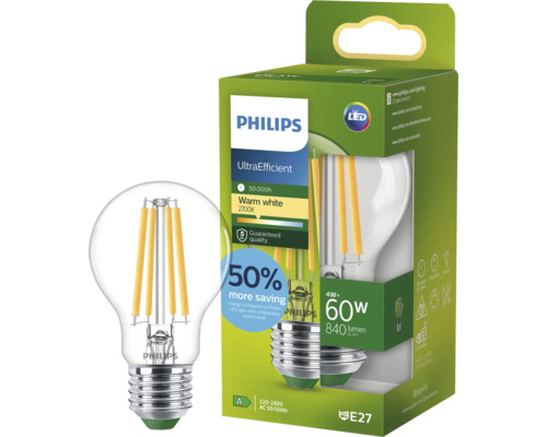 LED žárovka Philips E27, 4 Watty, 840 lumenů, teplá bílá barva světla 2700 Kelvinů, stmívatelná, energeticky úsporná, v balení.