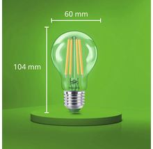 Philips LED vláknová žárovka s paticí E27, průměr 60 milimetrů a celková výška 104 milimetrů.