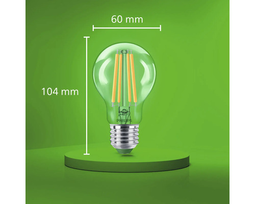 Philips LED vláknová žárovka s paticí E27, průměr 60 milimetrů a celková výška 104 milimetrů.