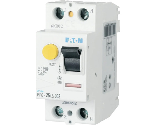 Proudový chránič Eaton PF6 25 Ampér 0,03 Ampér pro montáž na lištu pro elektrické zabezpečení.