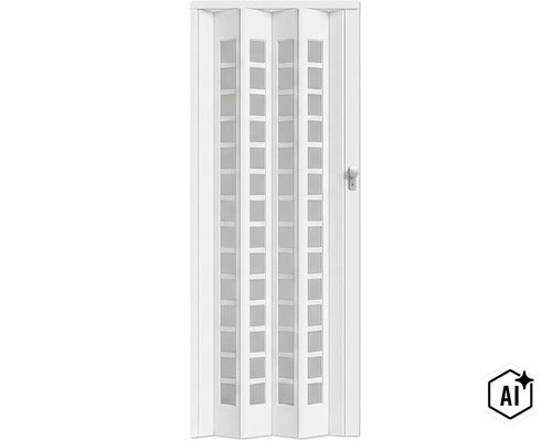 Bílé plastové skládací dveře s prosklením a klikou pro prostorově úsporné oddělení místností (Image AI modified or generated)