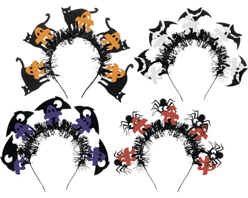 Čtyři halloweenské čelenky s dekoracemi jako kočky, netopýři, duchové a pavouci.