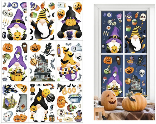 Halloweenské samolepky na okna s motivy trpaslíků pro dekoraci oken a hladkých povrchů včetně příkladu aplikace na okně.
