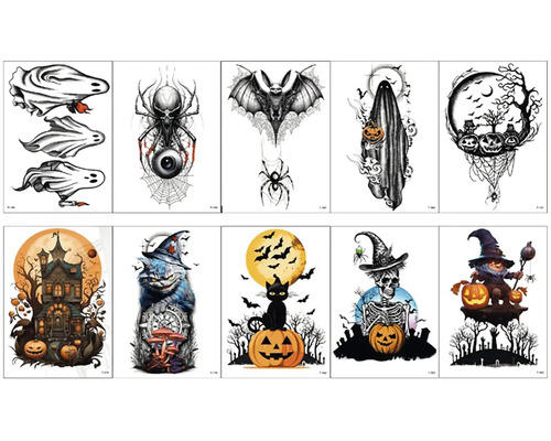 Sada halloweenských dočasných tetování s různými strašidelnými motivy jako jsou duchové, dýně, čarodějnice a netopýři.