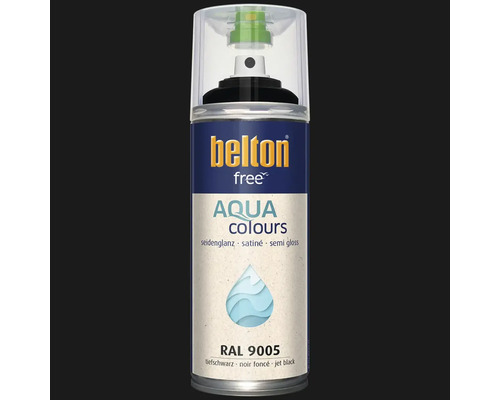 Sprejový lak Belton Free Aqua Colours v hluboké černé hedvábně lesklé barvě RAL 9005 na vodní bázi