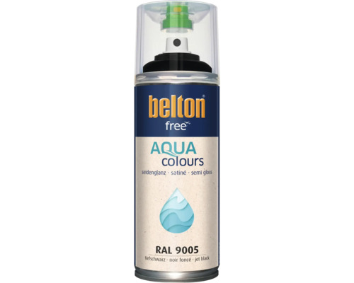 Sprejový lak Belton free Aqua hedvábně lesklý v hluboké černé barvě RAL 9005