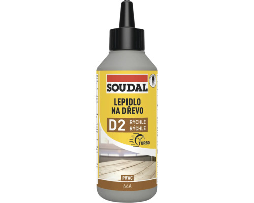 Soudal lepidlo na dřevo D2 64A v plastové lahvi s dávkovací špičkou pro rychlé lepení