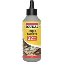 Soudal lepidlo na dřevo D2 v plastové lahvi s dávkovacím uzávěrem pro lepení dřeva.