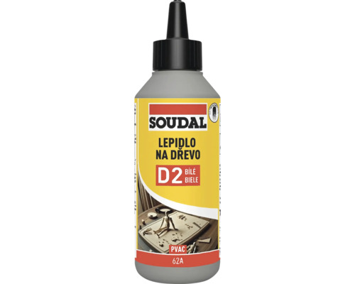 Soudal lepidlo na dřevo D2 v plastové lahvi s dávkovacím uzávěrem pro lepení dřeva.