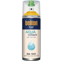 Sprejový lak Belton Free Aqua Colours v řepkově žluté barvě RAL 1021, matná barva na vodní bázi pro různé povrchy.