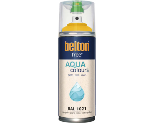 Sprejový lak Belton Free Aqua Colours v řepkově žluté barvě RAL 1021, matná barva na vodní bázi pro různé povrchy.