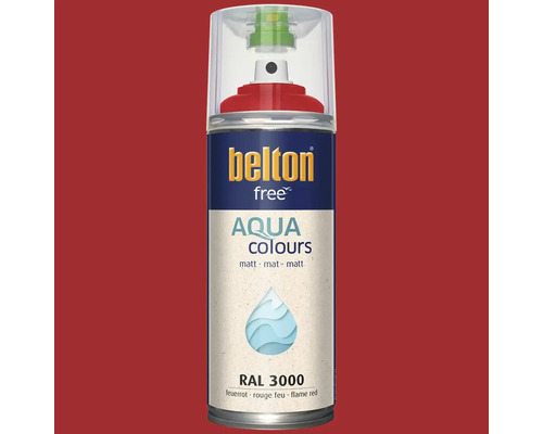 Sprejový lak Belton Free Aqua Colours v ohnivě červeném matném odstínu RAL 3000 v plechovce
