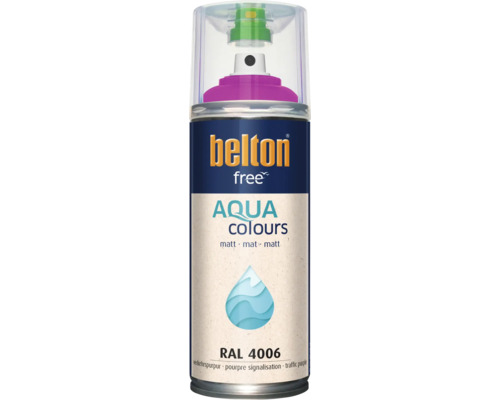 Sprejový lak Belton Free Aqua Colours v dopravní purpurové matné barvě, RAL 4006, na vodní bázi