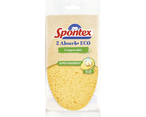 Houbičky Spontex Absorb Eco, dvě kompostovatelné čisticí houbičky z celulózy v balení