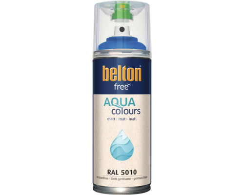 Sprejový lak Belton Free Aqua Colours v hořcově modré barvě RAL 5010 s matným leskem