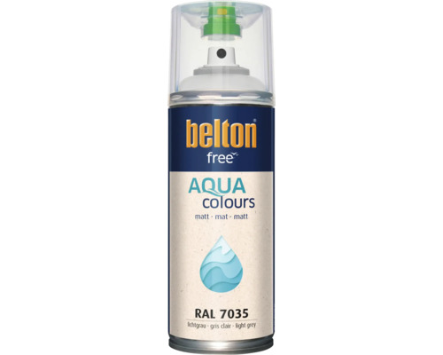 Sprejový lak Belton Free Aqua Colours ve světle šedém matném odstínu RAL 7035, lak na vodní bázi pro různé povrchy.