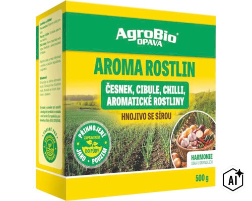 AgroBio Opava Aroma rostlin hnojivo se sírou 500 gramů pro česnek, cibuli a chilli v granulích vhodné pro ekologické zemědělství. (Image AI modified or generated)