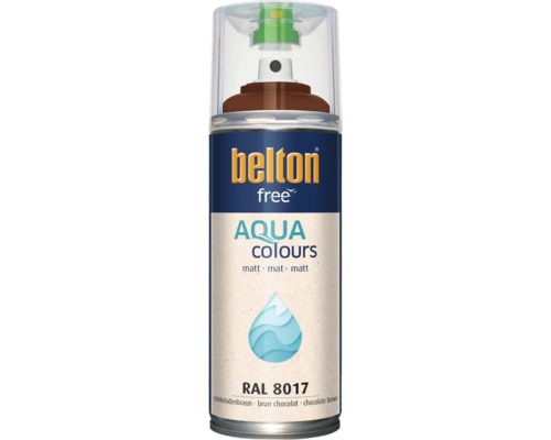 Sprejový lak Belton Free Aqua Colours v čokoládově hnědé barvě RAL 8017, matný, lak na vodní bázi pro vnitřní i venkovní použití