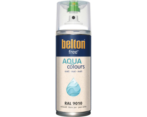 Sprejový lak Belton Free Aqua Colours čistě bílá matná, RAL 9010, barva na vodní bázi ve spreji
