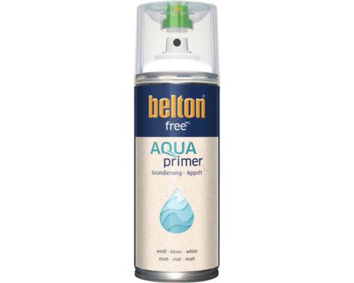 Sprejový základní nátěr Belton Free Aqua v matné bílé barvě pro aplikace na vodní bázi ve spreji.