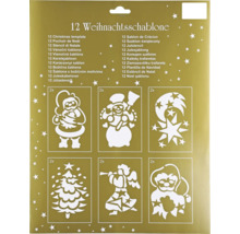 Sada 12 vánočních šablon pro dekorace s různými zimními motivy, jako je Santa Claus, sněhulák, hvězdy a andělé.