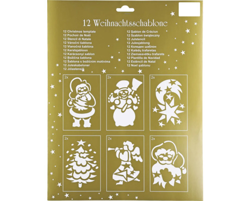 Sada 12 vánočních šablon pro dekorace s různými zimními motivy, jako je Santa Claus, sněhulák, hvězdy a andělé.