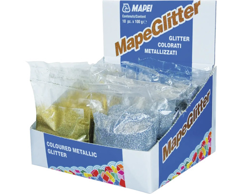 Pultový stojan Mapei MapeGlitter se sáčky s barevnými metalickými třpytkami pro přidání do spárovací hmoty