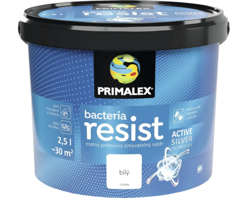 Primalex Bacteria Resist interiérový nátěr, matný, balení 2,5 litru pro cca 30 metrů čtverečních, antibakteriální ochrana s aktivním stříbrem.