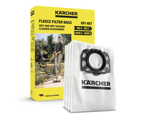 Kärcher fleecové filtrační sáčky KFI 487 v sadě pro vysavače na mokré a suché sání Kärcher řady WD 4 až WD 7 a KWD 4 až KWD 6 v obalu.