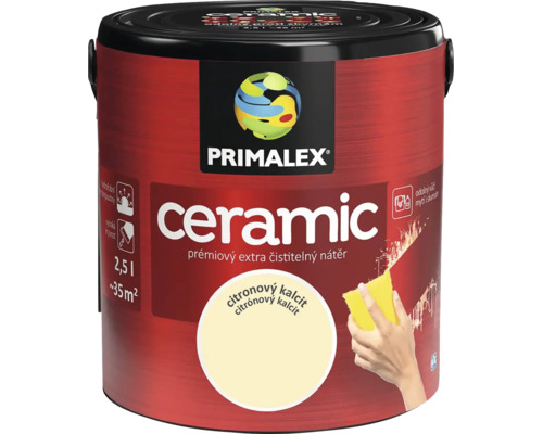 Primalex Ceramic interiérová barva, balení 2,5 litru, odstín citronový kalcit, omyvatelný nátěr se vydatností přibližně 35 metrů čtverečních.