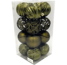 Sada 12 vánočních koulí s různými povrchovými strukturami jako hladké, rýhované a prořezávané v plastovém balení