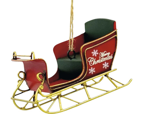 Vánoční ozdoba ve tvaru sáněk s nápisem Merry Christmas a závěsnou šňůrkou vyrobená z kovu