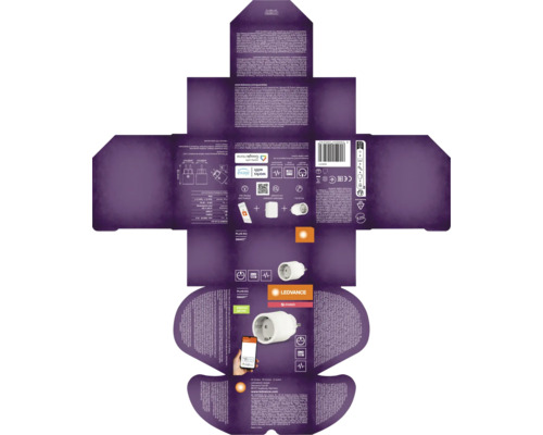 Rozložený obal chytré zásuvky Ledvance Smart Plus Zigbee s technickými údaji a symboly.
