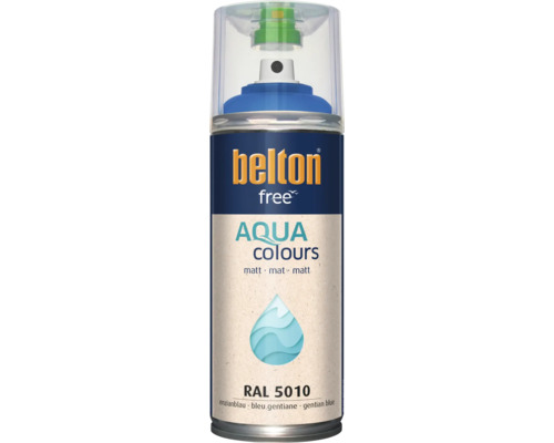 Sprejový lak Belton Free Aqua Colours matný v hořcově modré RAL 5010 pro dekorativní nátěry