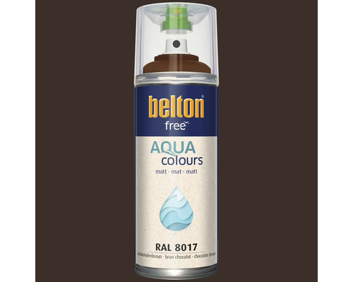 Sprejový lak Belton Free Aqua Colours v čokoládově hnědém odstínu RAL 8017 matný pro lakování různých povrchů.