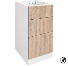 Spodní skříňka se třemi zásuvkami ve vzhledu dřeva a neutrálním korpusem pro vybavení kuchyně. (Image AI modified or generated)