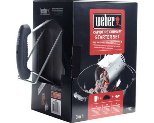 Sada Weber Rapidfire se zapalovacím komínem, dvěma kilogramy briket a třemi podpalovači v prodejním balení.