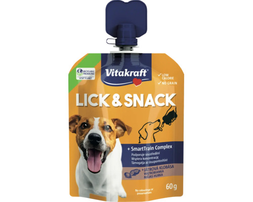 Pochoutka pro psy Vitakraft Lick and Snack s příchutí játrové klobásy v kapsičce o hmotnosti 60 gramů.