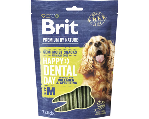 Brit Premium by Nature dentální pamlsek pro dospělé psy, velikost M, 7 tyčinek, obohaceno o kolagen a spirulinu.