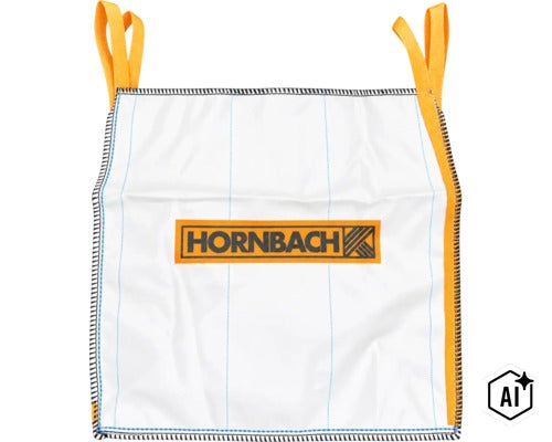 Bílý vak typu big bag značky Hornbach se stabilními nosnými popruhy pro přepravu sypkých materiálů a odpadu. (Image AI modified or generated)